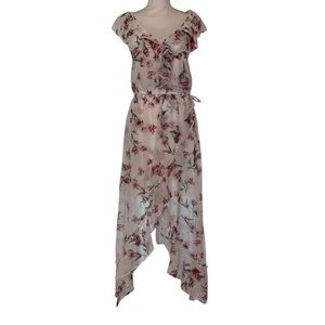 Hint of BLUSH Maxi Hi-Low Ruffle Dress on White w/Pink Floral Print Size LG